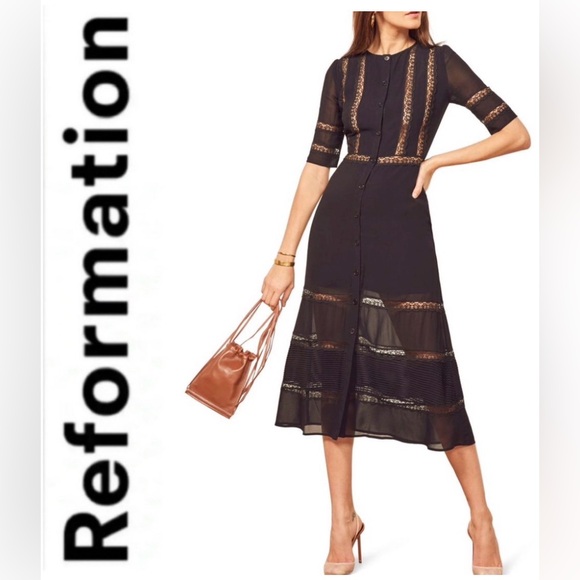 Reformation Dresses & Skirts - Reformation Surrey Black Lace Georgette  Midi Dress  Size 8 NWT  (RUNS  SMALL)